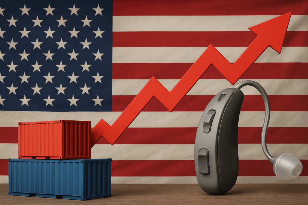Image of US flag with hearing aid and shipping container