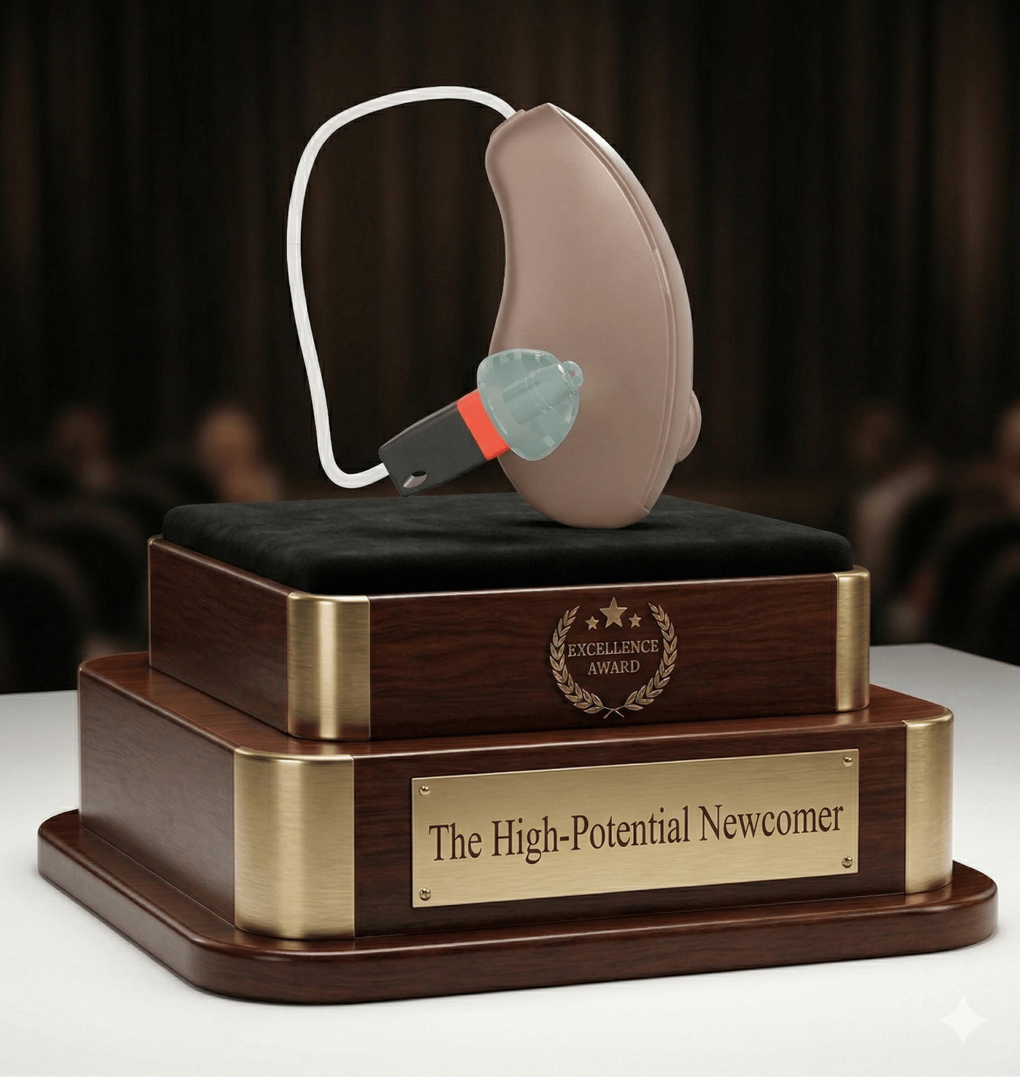 Starkey Omega AI hearing aid on award pedestal