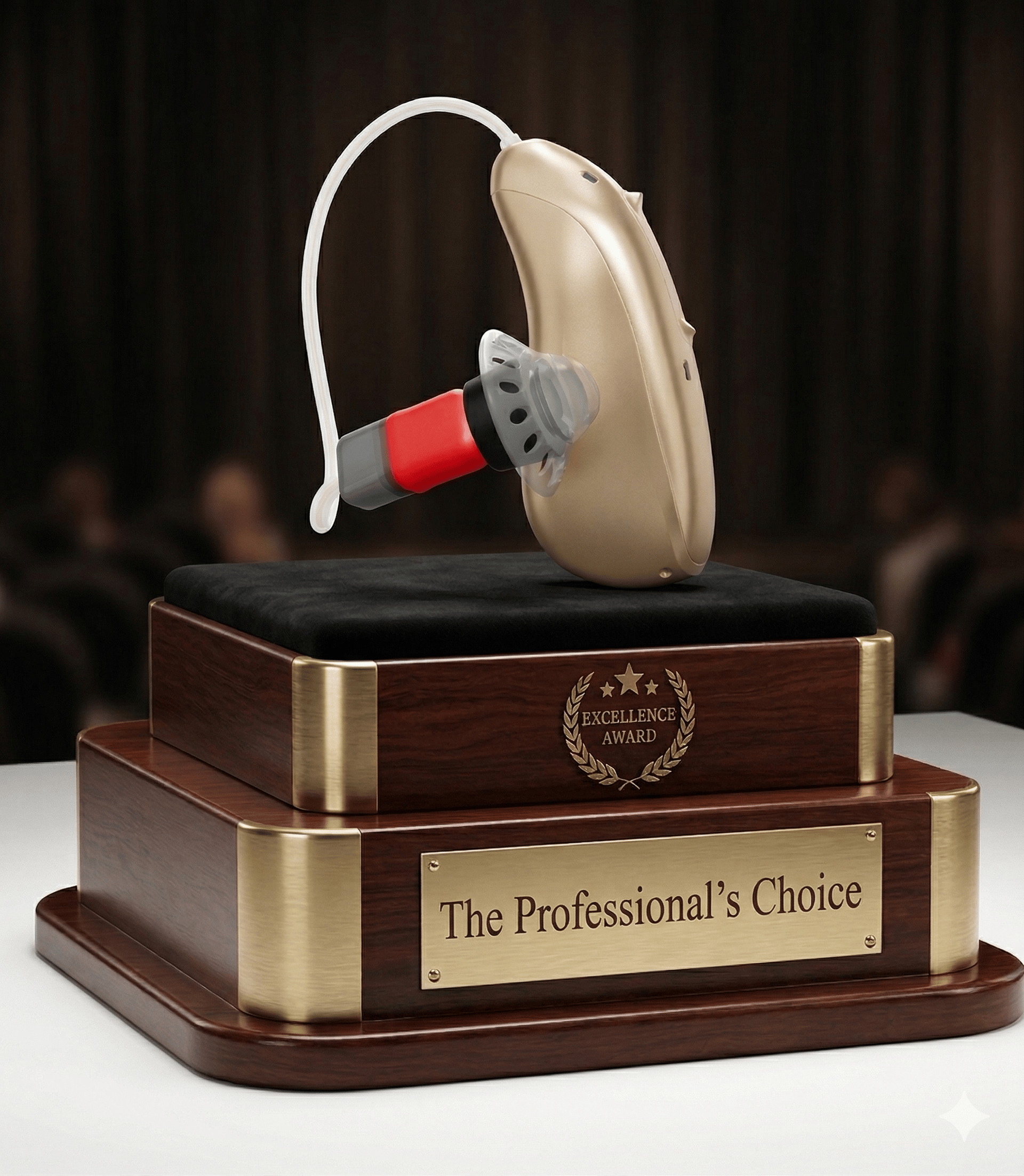 Phonak Audéo Infinio Sphere hearing aid on award pedestal